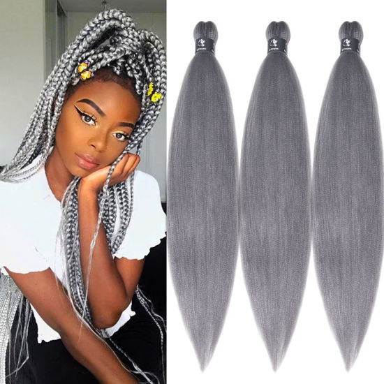 Picture of Grey Braiding Hair Pre Stretched Kanekalon Long Braiding Hair 26 Inch Fake Synthetic Hair for Braiding Extensions Micro Crochet Clean Therapy Prestretched Prestressed Braiding Hair UPruyo (3 Packs)