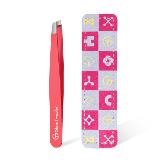 Picture of Expert Eyebrow Hair Removal Tweezer with Leather Case, GlamTweeler High Precision Slant Tip Stainless Steel Tweezers for Men and Women (Hot Pink)