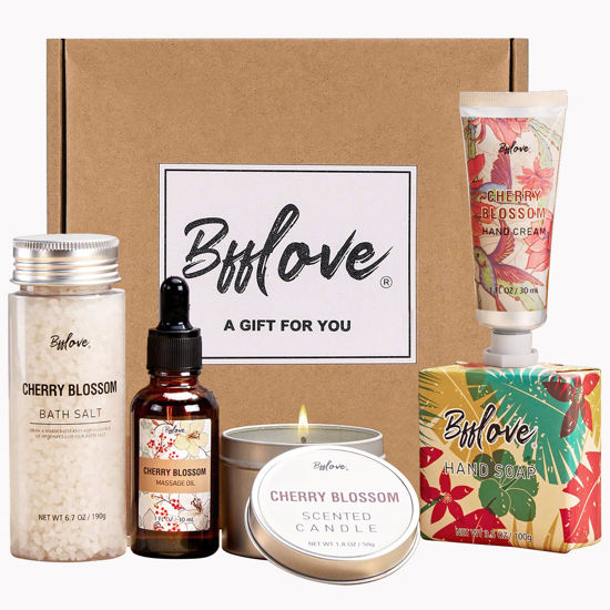 Picture of Gifts for Women BFFLOVE Gift Set for Women 5pcs Cherry Blossom Spa Set, Birthday Gifts for Women with Massage Oil, Scented Candle, Bath Salts, Hand Cream, Christmas gifts
