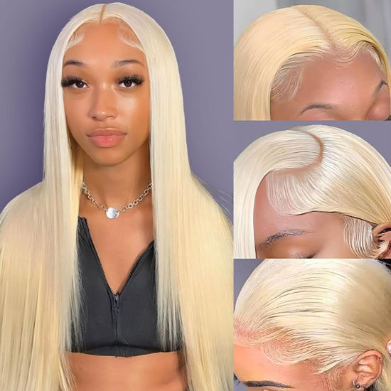 Picture of 613 Lace Front Wig Human Hair 13x6 HD Transparent Blonde Lace Front Wigs Human Hair 180% Density Guleless Wigs Human Hair Pre Plucked 20 inch 613 HD Lace Frontal Human Hair Wig Natural Hairline