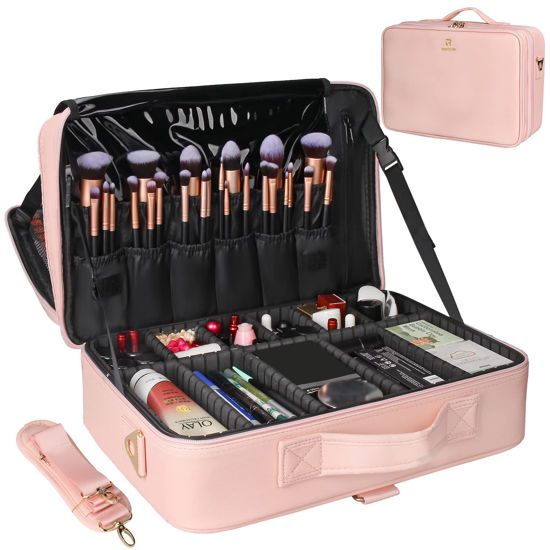 Picture of Relavel Makeup Case Large Makeup Bag Professional Train Case 16.5 inches Travel Cosmetic Organizer Brush Holder Waterproof Makeup Artist Storage Box, 3 Layer Large with Adjustable Strap (Pink)