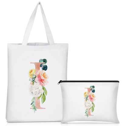 Picture of Letter Initial Canvas Tote Bag Personalized Present Bag Cosmetic Makeup Bag Monogrammed Gift for Teacher Bride(Letter I)