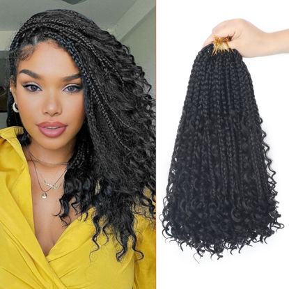 Picture of Goddess Box Braids Crochet Hair 14 Inch Boho Crochet Box Braids Curly Ends, 8 Packs Bohemian Box Crochet Braids Pre Looped Synthetic Crochet Hair for Black Women 1B