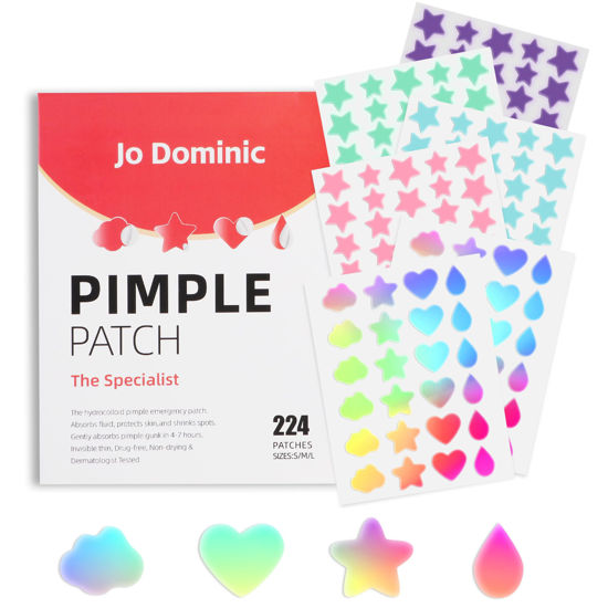 Picture of Jo Dominic 224 Counts Cute & Fashion Stars Pimple Patches for Face, Hydrocolloid Acne Patches, Zits Absorbing Patch, Covering Zits and Blemishes with Salicylic Acid, Tea Oil & Centella, Cruelty Free