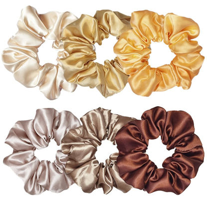 Picture of 6 Pcs Satin Silk Scrunchies, Soft Hair Ties, Fashion Bands, Hair Bows, Ponytail Holders, Elastic Bracelets - Hair Accessories for Women and Girls (4.5 Inch, Yellow and Brown)