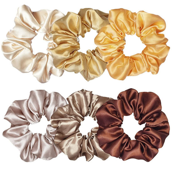 Picture of 6 Pcs Satin Silk Scrunchies, Soft Hair Ties, Fashion Bands, Hair Bows, Ponytail Holders, Elastic Bracelets - Hair Accessories for Women and Girls (4.5 Inch, Yellow and Brown)