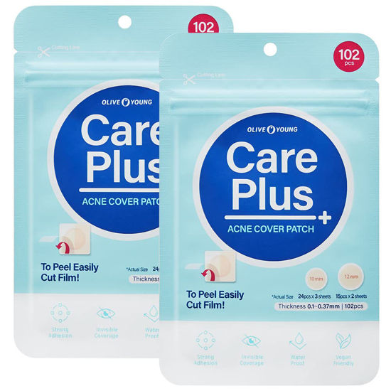 Picture of OLIVE YOUNG Care Plus Spot Patch 2 Pack | Hydrocolloid Acne Korean Spot Patch to Cover Zits, Pimples for Troubled Skin and Face (204 Count - 10mm*144ea + 12mm*60ea)