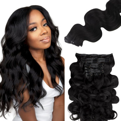 Picture of Lashey Seamless Clip in Hair Extensions Human Hair 130g 9pcs 18 Inch Body Wave #1 Jet Black Clip in Hair Extensions for Women Natural Hair Extensions
