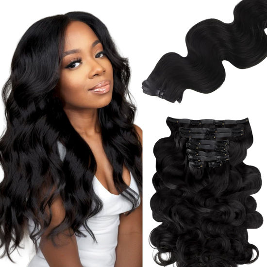Picture of Lashey Seamless Clip in Hair Extensions Human Hair 130g 9pcs 18 Inch Body Wave #1 Jet Black Clip in Hair Extensions for Women Natural Hair Extensions