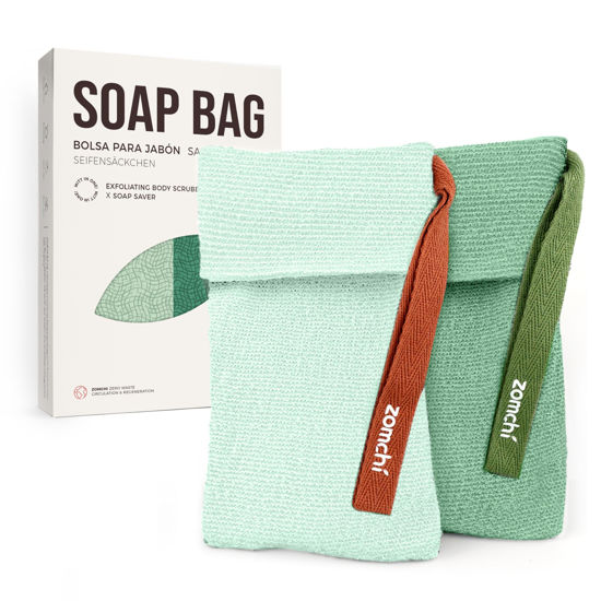 Picture of ZOMCHI 2 Pieces Bar Soap Saver Bags with Different Roughness, Exfoliating Soap Bags for Body Wash, Foaming Soap Holder for Shower (Mint)