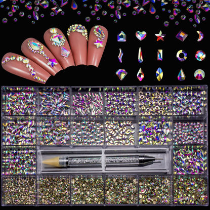 Picture of Nail Art Rhinestones Kit HUETFAT 8400pcs Multi Shapes Glass Crystal AB Nail Stones Nail Jewels Flatback Nail Gems Rhinestones Packaged in Diamond Storage Box With Wax Pen for Nail Art Craft