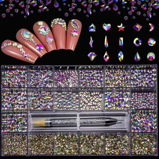 Picture of Nail Art Rhinestones Kit HUETFAT 8400pcs Multi Shapes Glass Crystal AB Nail Stones Nail Jewels Flatback Nail Gems Rhinestones Packaged in Diamond Storage Box With Wax Pen for Nail Art Craft