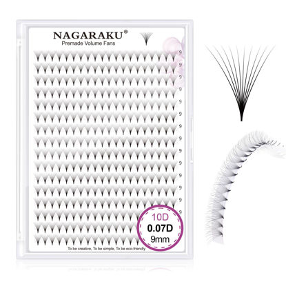 Picture of NAGARAKU Premade Fans Eyelash Extensions 320 Fans 10D Volume 0.07mm D curl 9mm Sharp Narrow Stem Clusters Thin Pointy Base Russian Pre Fanned Fluffy Matte Black