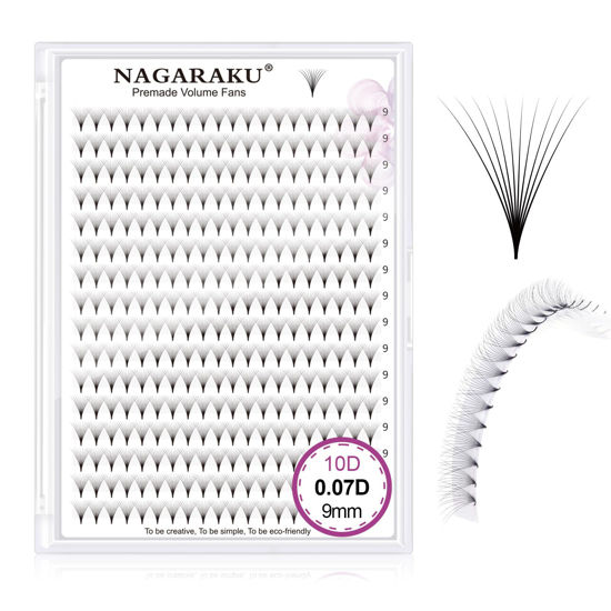 Picture of NAGARAKU Premade Fans Eyelash Extensions 320 Fans 10D Volume 0.07mm D curl 9mm Sharp Narrow Stem Clusters Thin Pointy Base Russian Pre Fanned Fluffy Matte Black