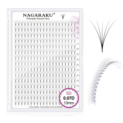 Picture of NAGARAKU Premade Fans Eyelash Extensions 320 Fans 5D Volume 0.07mm D curl 13mm Sharp Narrow Stem Clusters Thin Pointy Base Russian Pre Fanned Fluffy Matte Black