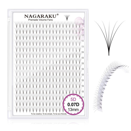 Picture of NAGARAKU Premade Fans Eyelash Extensions 320 Fans 5D Volume 0.07mm D curl 13mm Sharp Narrow Stem Clusters Thin Pointy Base Russian Pre Fanned Fluffy Matte Black