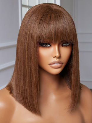 Picture of YASGRL 12" Brown wig with bangs Light Yaki Straight Human Hair Bob Wig With Bangs Realistic Look HD Lace Glueless Wigs Blunt Cut Brown Bob Wig 100% Human Virgin Hair Wigs 180 Density