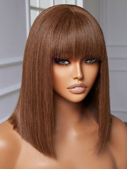 Picture of YASGRL 12" Brown wig with bangs Light Yaki Straight Human Hair Bob Wig With Bangs Realistic Look HD Lace Glueless Wigs Blunt Cut Brown Bob Wig 100% Human Virgin Hair Wigs 180 Density