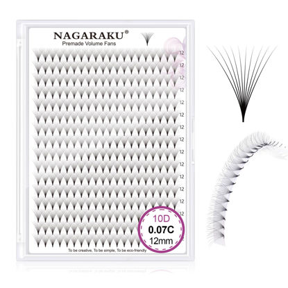 Picture of NAGARAKU Premade Fans Eyelash Extensions 320 Fans 10D Volume 0.07mm C curl 12mm Sharp Narrow Stem Clusters Thin Pointy Base Russian Pre Fanned Fluffy Matte Black