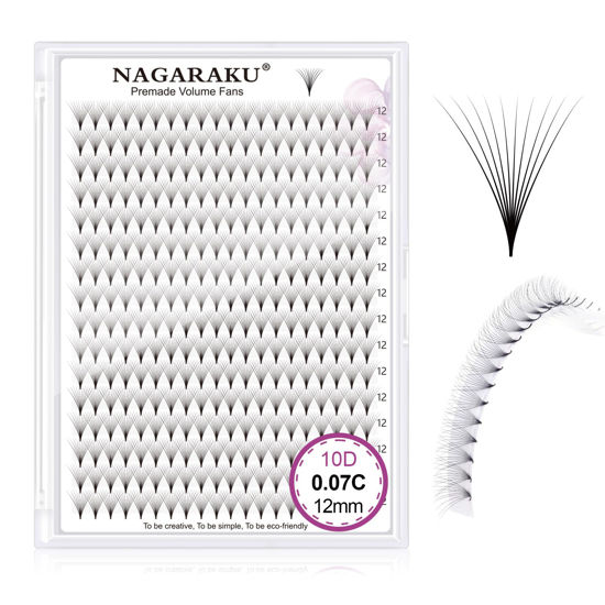 Picture of NAGARAKU Premade Fans Eyelash Extensions 320 Fans 10D Volume 0.07mm C curl 12mm Sharp Narrow Stem Clusters Thin Pointy Base Russian Pre Fanned Fluffy Matte Black