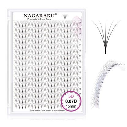 Picture of NAGARAKU Premade Fans Eyelash Extensions 320 Fans 5D Volume 0.07mm D curl 15mm Sharp Narrow Stem Clusters Thin Pointy Base Russian Pre Fanned Fluffy Matte Black