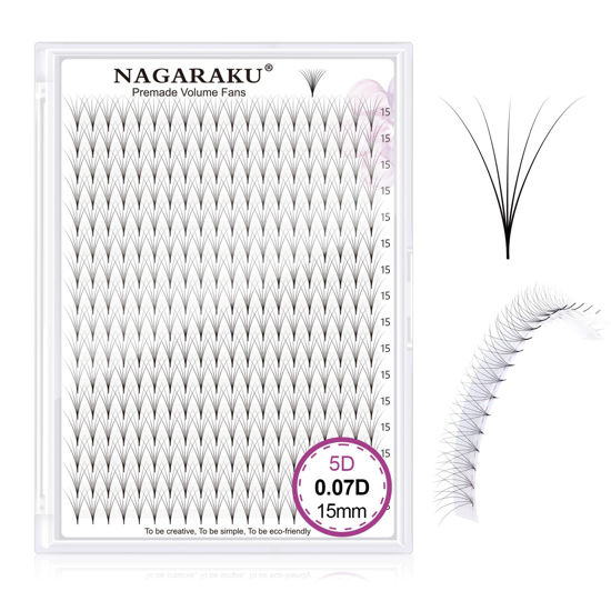 Picture of NAGARAKU Premade Fans Eyelash Extensions 320 Fans 5D Volume 0.07mm D curl 15mm Sharp Narrow Stem Clusters Thin Pointy Base Russian Pre Fanned Fluffy Matte Black