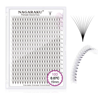 Picture of NAGARAKU Premade Fans Eyelash Extensions 320 Fans 10D Volume 0.07mm C curl 15mm Sharp Narrow Stem Clusters Thin Pointy Base Russian Pre Fanned Fluffy Matte Black