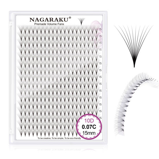 Picture of NAGARAKU Premade Fans Eyelash Extensions 320 Fans 10D Volume 0.07mm C curl 15mm Sharp Narrow Stem Clusters Thin Pointy Base Russian Pre Fanned Fluffy Matte Black
