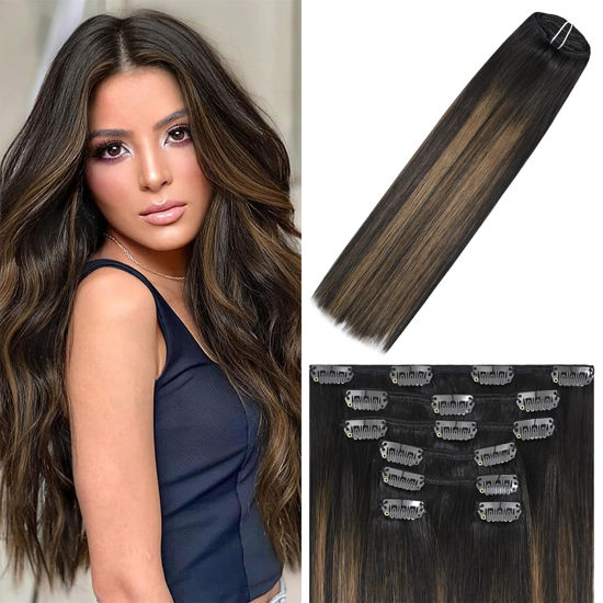 Picture of WindTouch Clip In Hair Extensions Human Hair Balayage Dark Brown to Chestnut Brown Highlights for Brown Hair 18Inch 70g #2T6P2 7PCS Hair Extensions Remy Hair