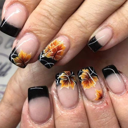 Picture of Black French Tips Press on Nails Short Square Thanksgiving False Nails 24Pcs Glossy White Curve Line Acrylic Fake Nails Gel Glue on Nails for Manicure Leaves Stick on Nails for Coquette Women Girls