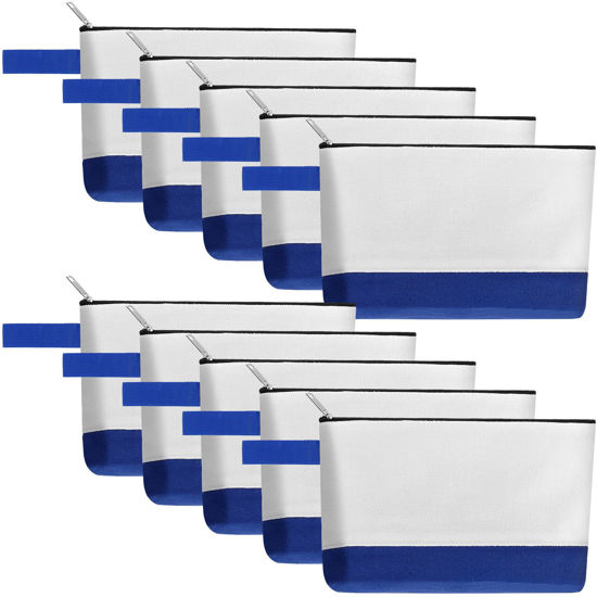 Picture of Sinzip 10 Pieces Cotton Canvas Makeup Bag with Bottom and Strap, Multi-Purpose Cosmetic Bag with Zipper Travel Toiletry Pouch, Blank DIY Craft Bag (White&Blue, XS)