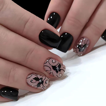 Picture of Extra Short Press on Nails Square Black Fake Nails Glossy Acrylic Glue on Nails Butterfly Rhinestone Designs Gel Nails Press ons Cute Stick on Nails for Women Manicure Tips Decorations 24Pcs