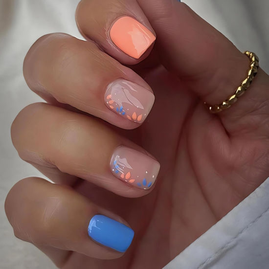 Picture of Flower Press on Short Nails Square Flowers Fake Nails Small Flower Glue on Nails Full Cover Stick on Nails with Spring Summer Design Acrylic False Nails DIY Nails Press ons for Women Girls 24Pcs