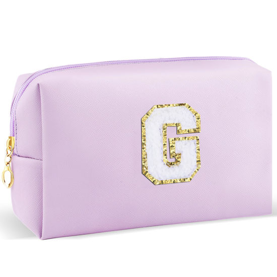 Picture of URSKYTOUS Gifts for Girls Initial Makeup Bag Personalized Cosmetic Bag with Zipper Cute Travel Toiletry Bag Waterproof PU Preppy Makeup Pouch Birthday Gift for Teen Girls Women(Purple G)