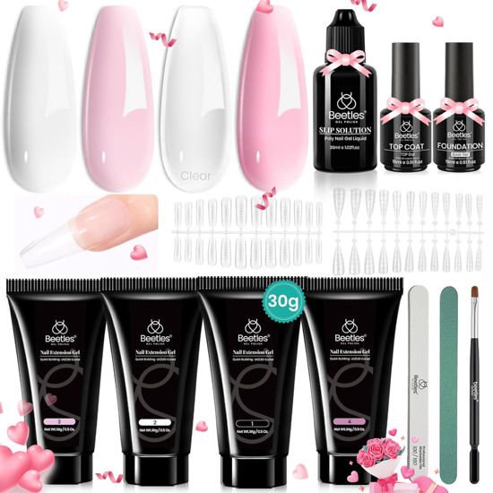 Picture of Beetles Poly Nail Extension Gel Kit, 4 Colors Pink White Poly Nail Gel Builder Sheer Pink Nail Gel Clear Nail Art Kit with Poly Brush & Slip Solution Nail Salon All In 1 Kit Valentine's Gift for Women