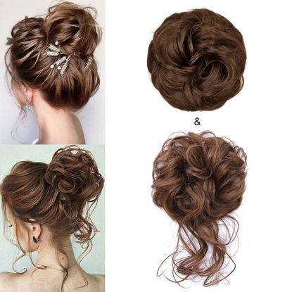 Picture of KETHBE Messy Bun Hair Piece Tousled Updo Hair Buns Extension Elastic Hair Band Hair Pieces Curly Hair Bun Scrunchie For Women (2PCS,Chestnut Brown)