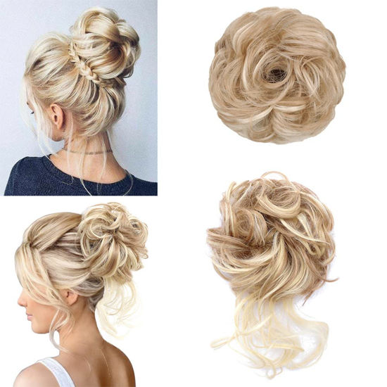 Picture of KETHBE Messy Bun Hair Piece Tousled Updo Hair Buns Extension Elastic Hair Band Hair Pieces Curly Hair Bun Scrunchie For Women (2PCS,Light Golden Blonde Mix Bleach Blonde)