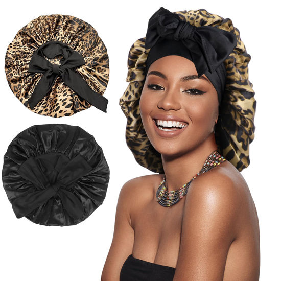 Picture of Arqumi 2 Pcs Cheetah-Print Satin Silk Bonnet for Sleeping Women, Large Cute Bonnet with Long Strap Tie Band Adjustable Sleep Night Cap Hair Bonnet for Men Long Short Hair, Black+Leopard Print