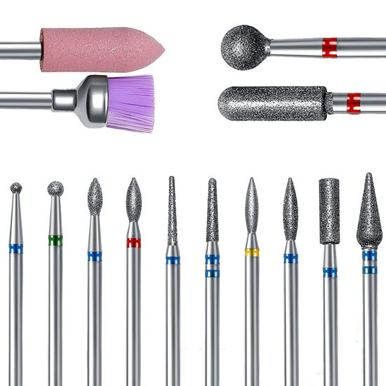 Picture of ERUIKA 14pcs Nail Drill Bits Set, Professional Rotary Burrs Diamond Cuticle Remover Bits Kit, 3/32" Electric Manicure Nail File Bit for Acrylic Gel Nails Cuticle Manicure