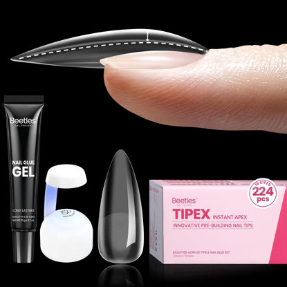 Picture of Beetles Tipex Instant Apex Nail Tips, 224Pcs 16 Sizes Pre-Building & Pre-Etched Gel Nail Tips Medium Stiletto Thicker Acrylic Nails False Nail Extension with Uv Nail Glue Nail Lamp for Flat Nails