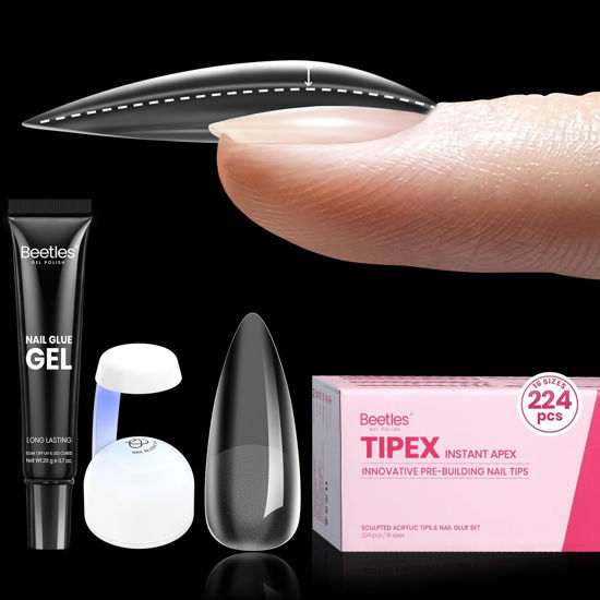 Picture of Beetles Tipex Instant Apex Nail Tips, 224Pcs 16 Sizes Pre-Building & Pre-Etched Gel Nail Tips Medium Stiletto Thicker Acrylic Nails False Nail Extension with Uv Nail Glue Nail Lamp for Flat Nails