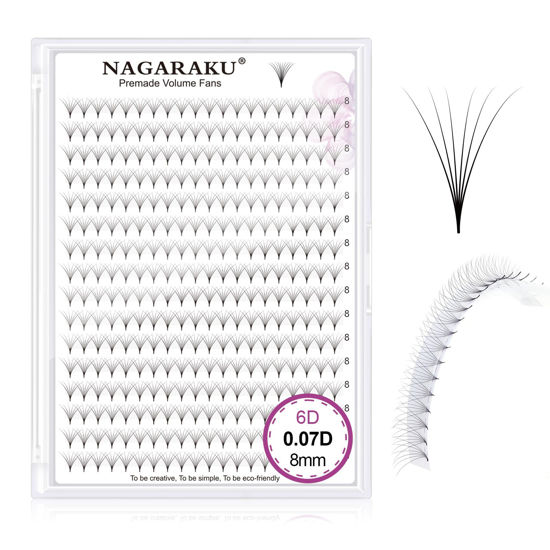 Picture of NAGARAKU Premade Fans Eyelash Extensions 320 Fans 6D Volume 0.07mm D curl 8mm Sharp Narrow Stem Clusters Thin Pointy Base Russian Pre Fanned Fluffy Matte Black