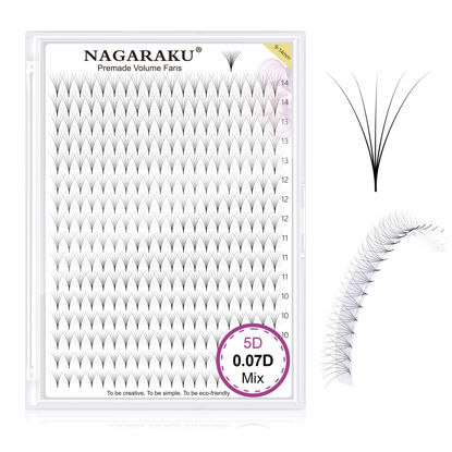 Picture of NAGARAKU Premade Fans Eyelash Extensions 320 Fans 5D Volume 0.07mm D curl 9-14mm Mix Tray Sharp Narrow Stem Clusters Thin Pointy Base Russian Pre Fanned Fluffy Matte Black