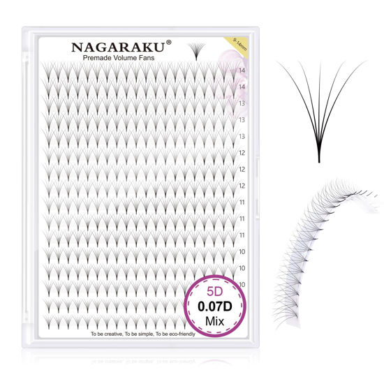 Picture of NAGARAKU Premade Fans Eyelash Extensions 320 Fans 5D Volume 0.07mm D curl 9-14mm Mix Tray Sharp Narrow Stem Clusters Thin Pointy Base Russian Pre Fanned Fluffy Matte Black