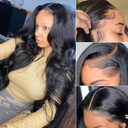 Picture of 13x6 Lace Front Wigs Human Hair Pre Plucked HD Transparent Body Wave Lace Front Wig Human Hair Wigs with Baby Hair Bleached Knots 20 inch 150 Density Wigs for Black Women Human Hair Glueless