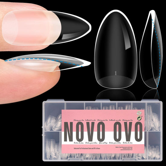 Picture of NOVO OVO Extra Thick Almond Nail Tips Press on Natural Curve, Medium Soak Off Soft Gel Fake Nail Extension, Full Cover Matte Cuticle False Nails for Acrylic French, Salon DIY x 14 Sizes 336 pcs