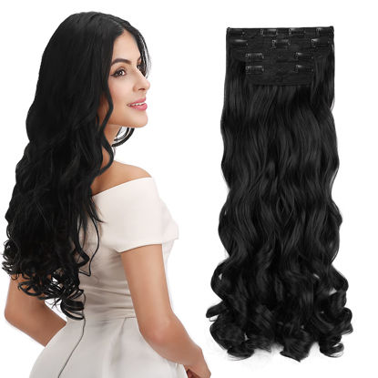 Picture of REECHO 24" Curly Wavy 4 Pieces Set Clip in Hair Extensions Natural Black
