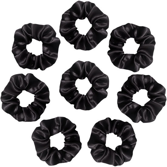Picture of SILVR BEAR Luxury Black Satin Scrunchies, Satin Hair Ties for thick & curly Hair, Scrunchies for Women and Girls, Softer than Silk Hair Ties, 8 Pack, Black