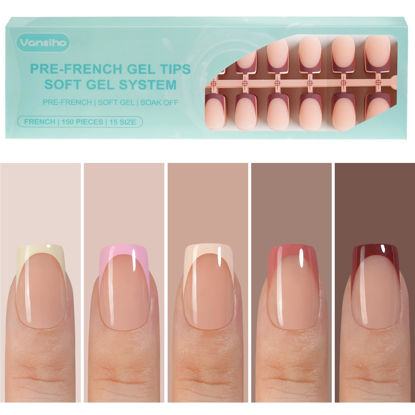 Picture of 150 Pcs French Gel Nail Tips, French Tip Press on Nails, Vansiho Short Square Nail Tips, Pre-French Tips Press on Nails, Acrylic Fake Nails for Nail Art DIY 15 Sizes