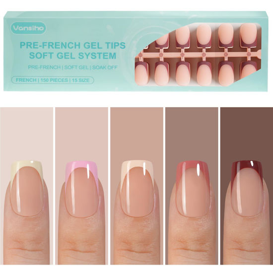 Picture of 150 Pcs French Gel Nail Tips, French Tip Press on Nails, Vansiho Short Square Nail Tips, Pre-French Tips Press on Nails, Acrylic Fake Nails for Nail Art DIY 15 Sizes